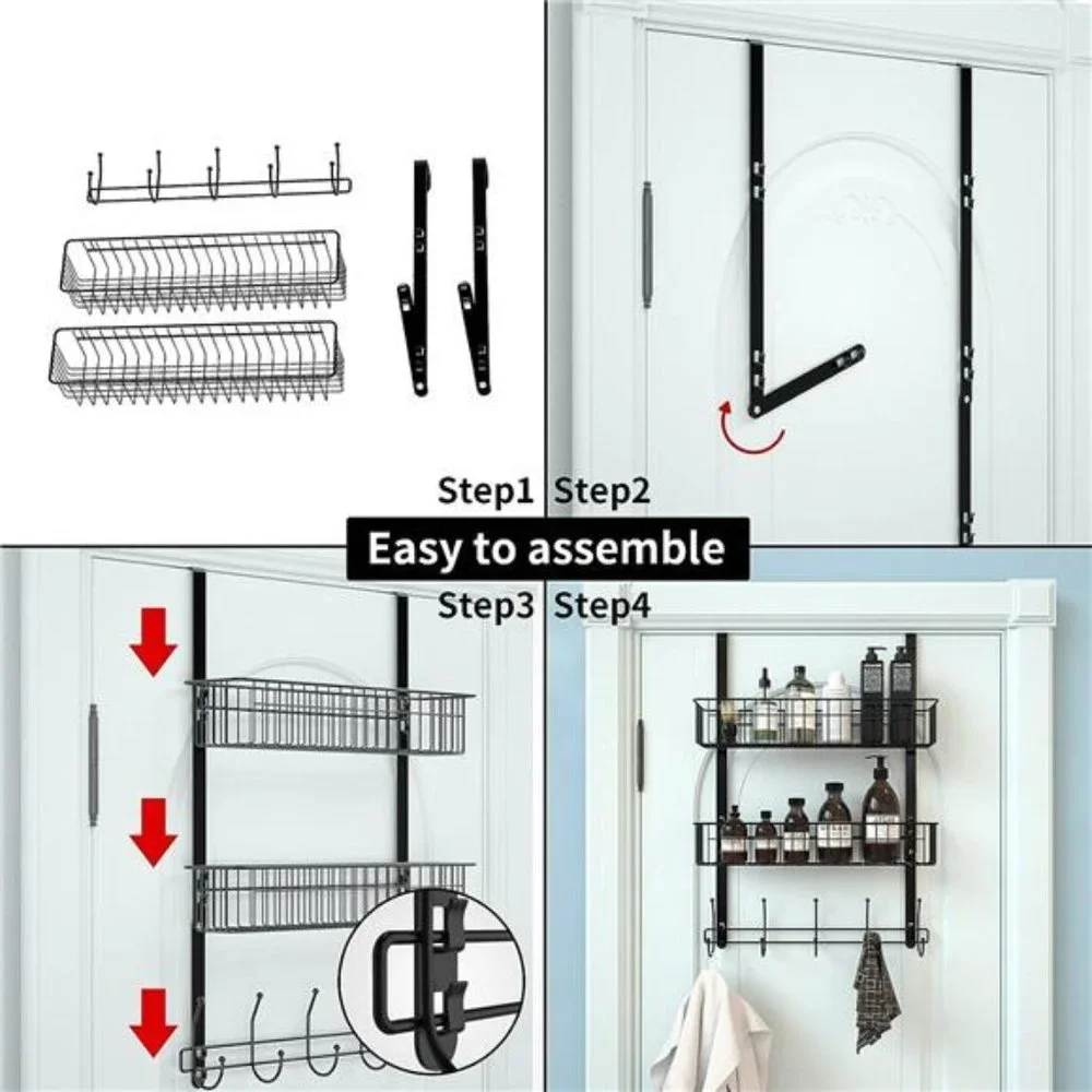 Over The Door Hooks, Door Hanger Towel Rack with 5 Coat Hooks & 2 Mesh Basket